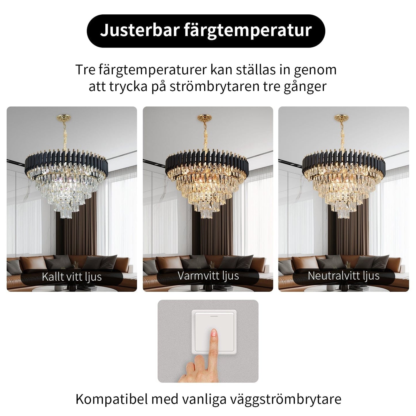 Mandset Kristallkrona Eclipse Black – Modern Svart Lampa med K9 Kristall 75 cm