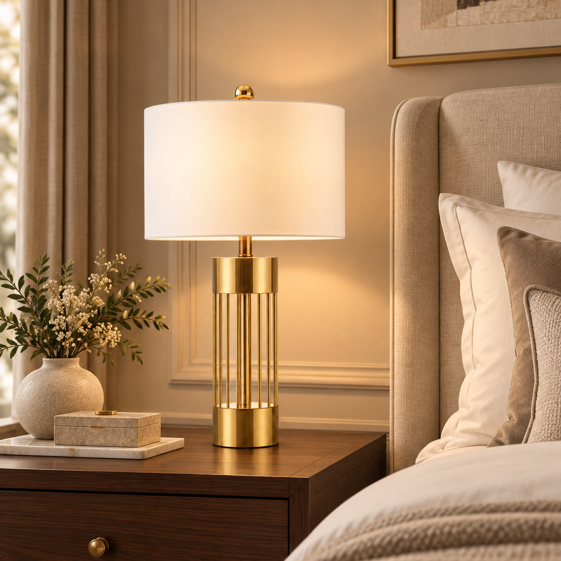 Bordslampa Guld med Tygskärm Aurelia – H 68 × B 38 cm