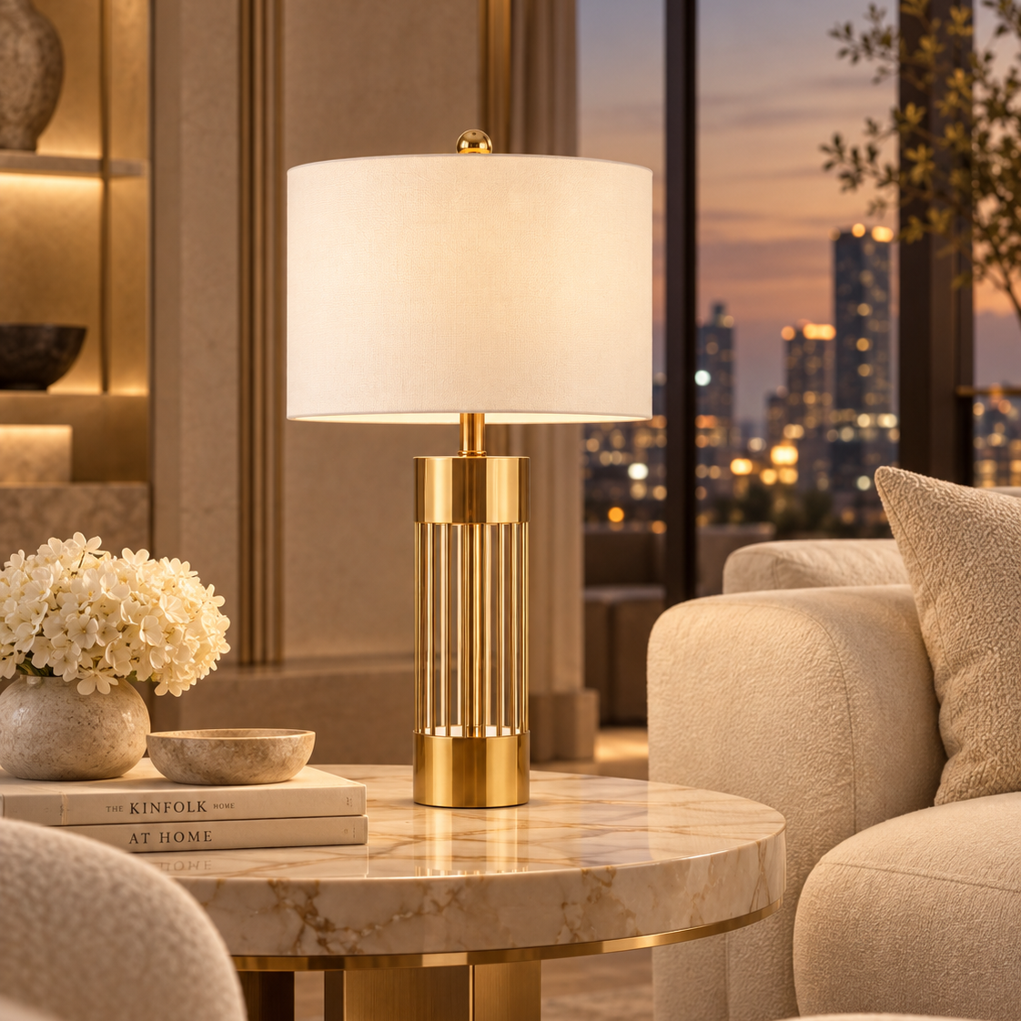 Bordslampa Guld med Tygskärm Aurelia – H 68 × B 38 cm