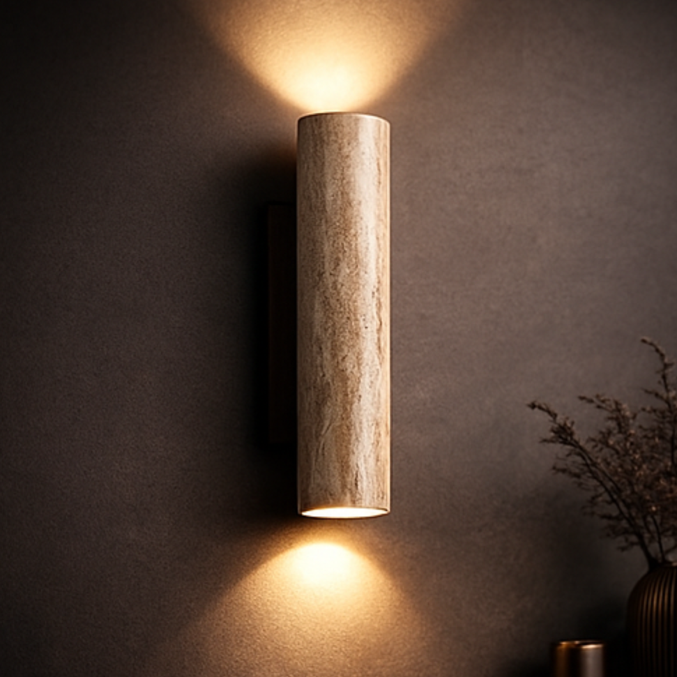Vägglampa Travertin – Vintage Natursten & Trä Vägglykta