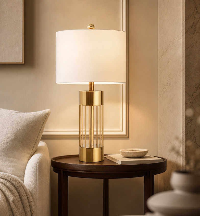 Bordslampa Guld med Tygskärm Aurelia – H 68 × B 38 cm