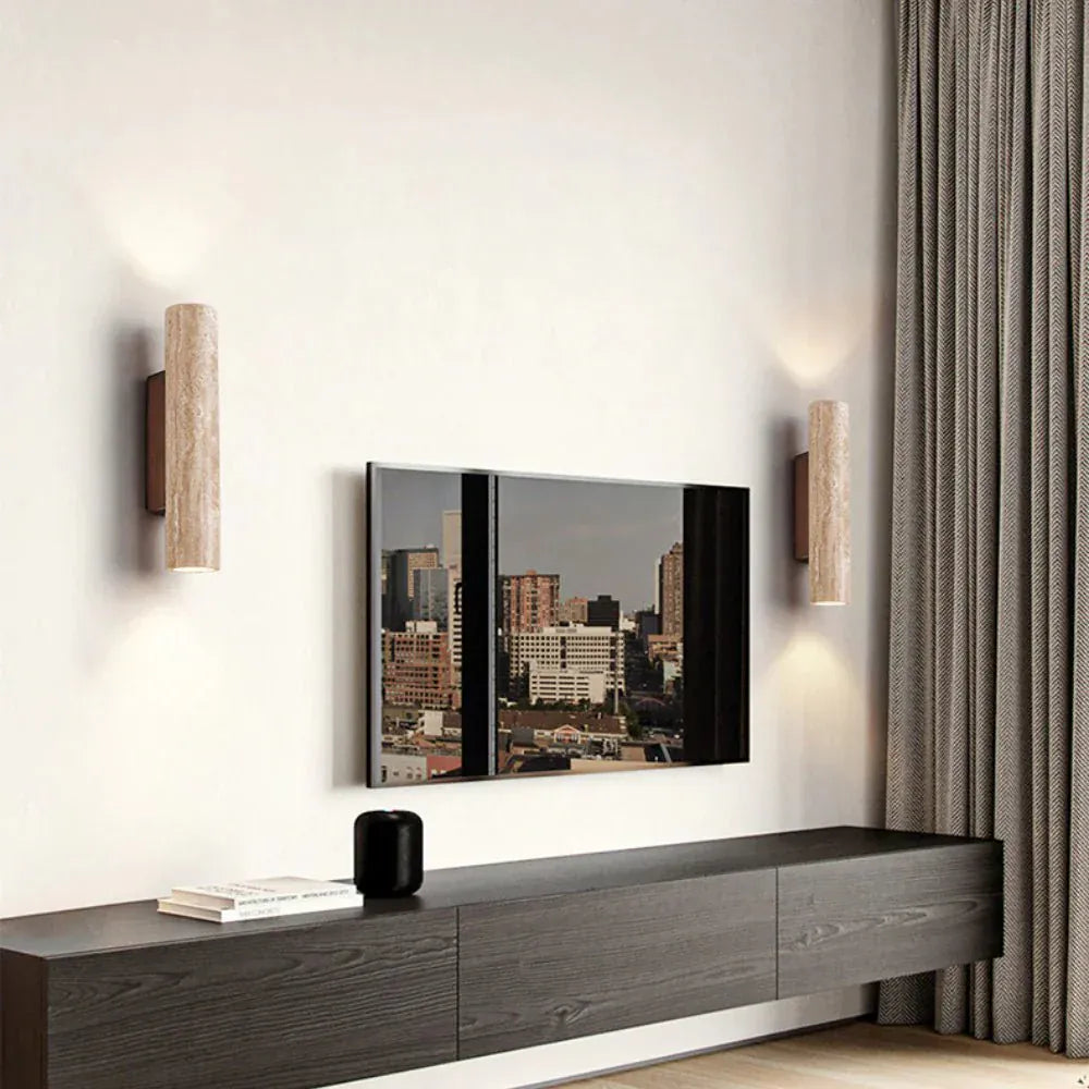 Mandset Vägglampa Travertin – Vintage Natursten & Trä Vägglykta