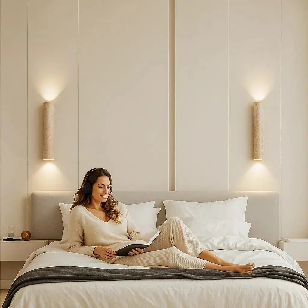 Mandset Vägglampa Travertin – Vintage Natursten & Trä Vägglykta