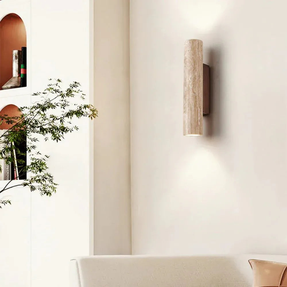 Mandset Vägglampa Travertin – Vintage Natursten & Trä Vägglykta
